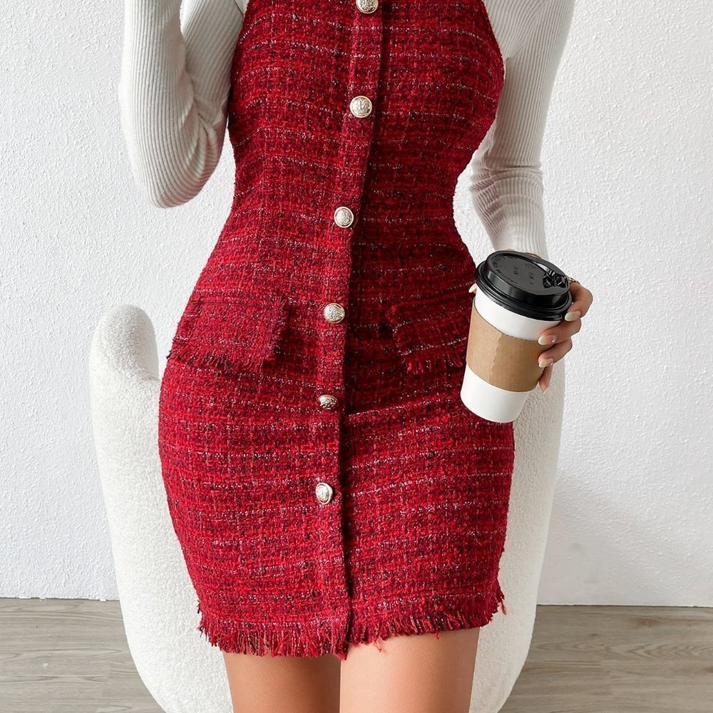 Red Preppy Womens Button Front Raw Hem Tweed Overall Dress - Picture 4 of 5